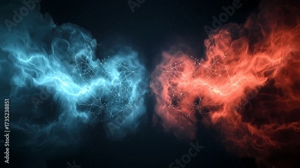 Obraz The image displays a cosmic scene featuring a blue, nebulous cloud colliding with a red one, the two connected by an array of white lines and stars, creating a sense of dynamic energy.