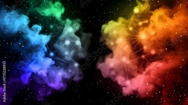 Obraz The image displays a vibrant and cosmic scene with nebulous clouds in rainbow hues set against a dark background sprinkled with stars and geometric lines.