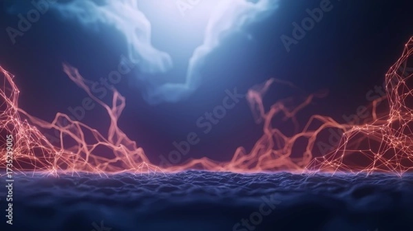 Obraz The image exhibits a digital landscape with rising, connected red lines over a rippled blue surface beneath a softly lit, cloudy sky, creating an ethereal and futuristic feel.
