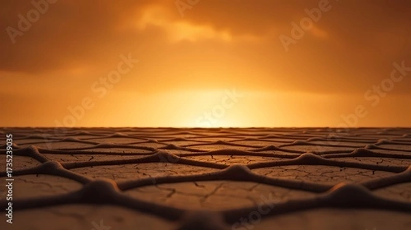 Obraz The image shows cracked earth receding into a distant, hazy golden sunset, the cracked earth forming a web-like pattern with a strong, warm, desolated atmosphere.