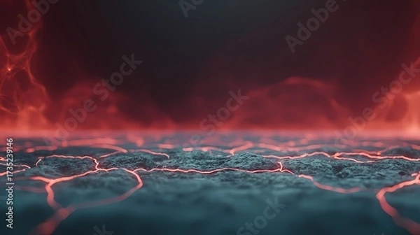 Obraz The image portrays a dark, ominous landscape with glowing red cracks slicing through the surface, reminiscent of lava flows or a volcanic terrain under a foreboding sky.