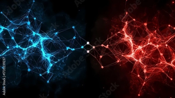 Obraz The image shows two interconnected networks, one glowing with blue and the other with red, against a dark, smoky backdrop, creating a futuristic, tech-oriented visual.