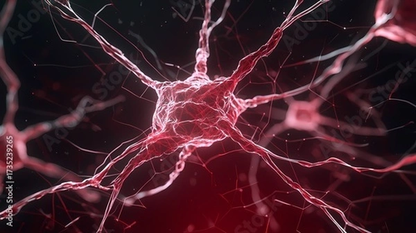 Obraz Microscopic view of a neuron cell with intricate, branching connections and red and black hues, giving a striking visual representation of neural networks.