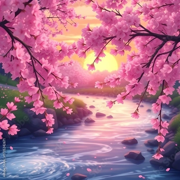 Obraz Anime-style glowing cherry blossoms falling into river under sunset.