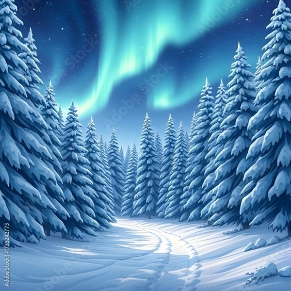 Obraz Anime-style snow-covered pine forest with glowing aurora above.