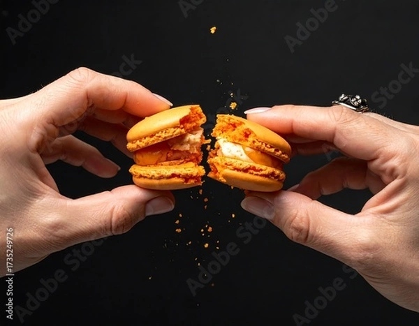 Obraz Two hands hold a broken orange macaron, crumbs spray