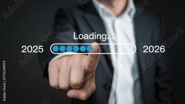 Fototapeta Businessman initiates transition from 2025 to 2026, symbolizing progress and future readiness with a loading bar interface.