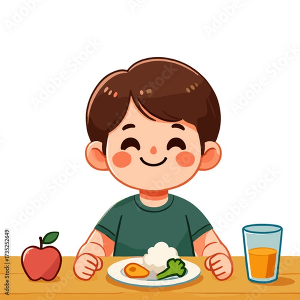 Fototapeta Illustration of a Happy Boy Enjoying Healthy Food at a Table on a White Background