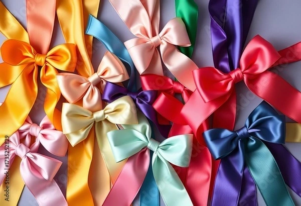Fototapeta Assorted colorful satin ribbons tied in bows, various widths and textures, glossy, party