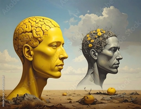 Obraz Two heads, one golden, one gray, in a barren landscape under a light sky