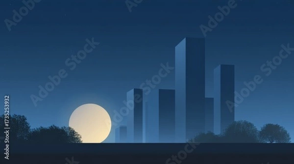 Fototapeta Night scene depicts several buildings trees and a large moon with a dark blue sky