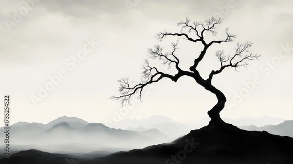 Fototapeta Silhouetted Tree Against Misty Mountains During Overcast Day in Monochrome Landscape