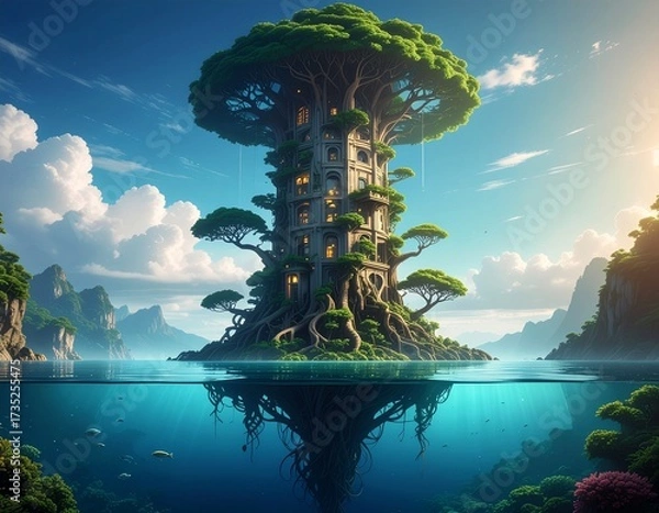 Fototapeta Imaginary world with a giant fantasy treehouse growing from an island in a calm, clear turquoise ocean