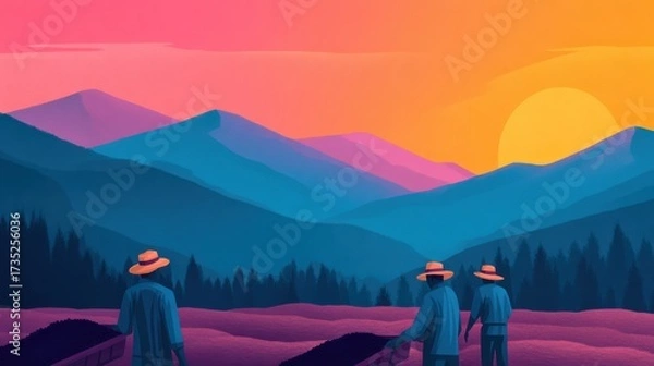 Fototapeta A vibrant landscape featuring silhouettes of three farmers against a colorful sunset over rolling mountains and lush forests.