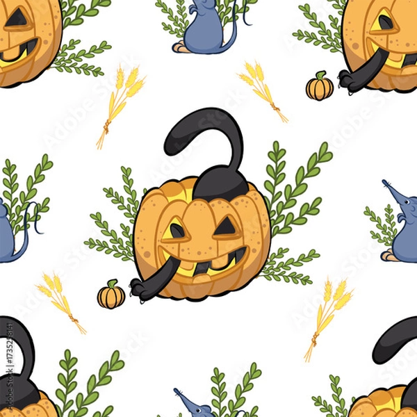 Fototapeta Pattern with a black cat in a pumpkin, branches, mice