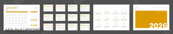 Fototapeta 2026 Calendar Planner Set of Template grid Monthly Page with Note, Cover with Place for Photo, Company Logo, Annual 2027. Vector layout of wall or desk calend with week start Sunday in print. Pages A4