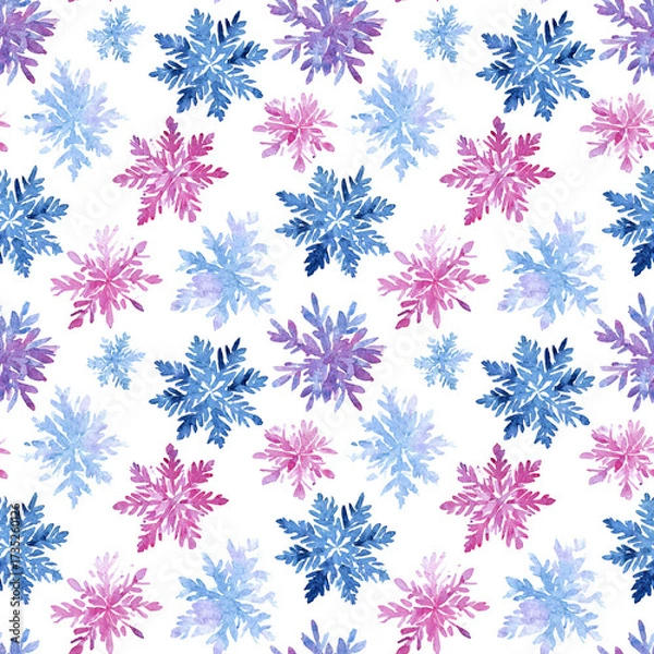 Fototapeta Color winter snowflakes watercolor background, seamless pattern
