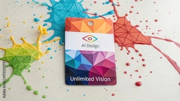 Fototapeta Colorful Splash Design Card on Table with Paint Drops and Patterns