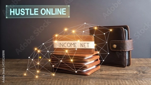 Fototapeta Conceptual Image of Online Hustle with Wallets and Income Signs