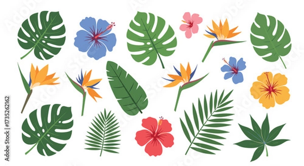 Fototapeta A vibrant collection of tropical foliage and exotic flowers in various colors and shapes.