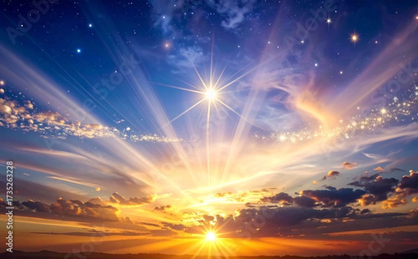 Fototapeta 雲の上に広がる朝日と光が美しい幻想的な空の風景