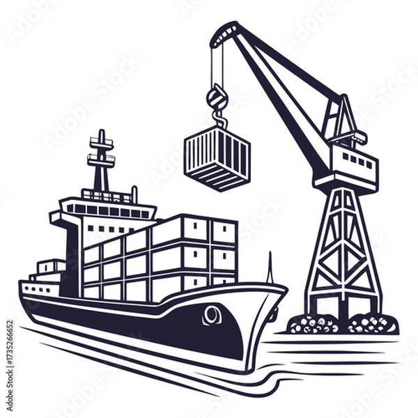 Obraz Vector art of monochrome illustration of a cargo ship being loaded by a crane in a busy port, emphasizing maritime transport and global trade ideal for logistics themes