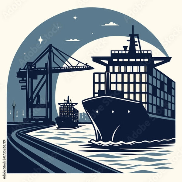 Obraz Illustration of a cargo ship and a crane at a port terminal, symbolizing global trade and logistics, the design is clean, modern and suitable for various applications