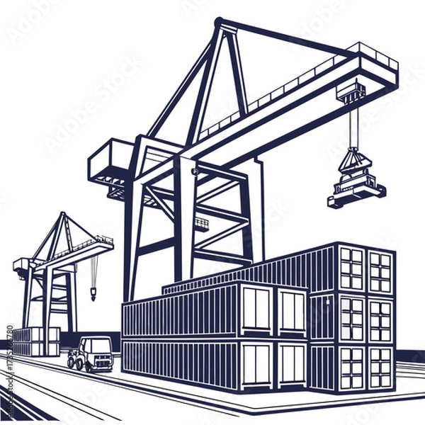 Obraz Vector art of detailed illustration of a bustling port with cranes lifting containers, highlighting the intricate network of global trade and logistics
