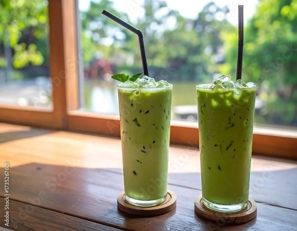 Obraz Two iced green drinks on a wooden table by a window