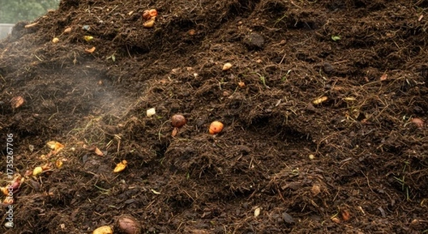 Fototapeta Close-up of a large pile of organic compost with visible food scraps.
