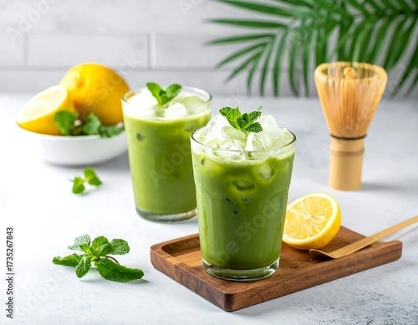Obraz Two iced matcha drinks with mint and lemon