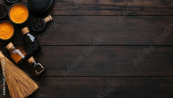 Fototapeta Various spices and potions arranged on a dark wooden surface with a rustic broom