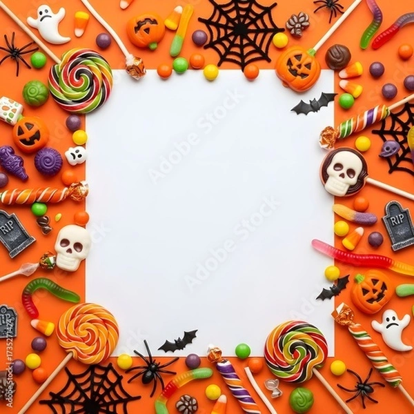 Fototapeta Assortment of Halloween candies lollipops spiders and pumpkins scattered around a white copy space