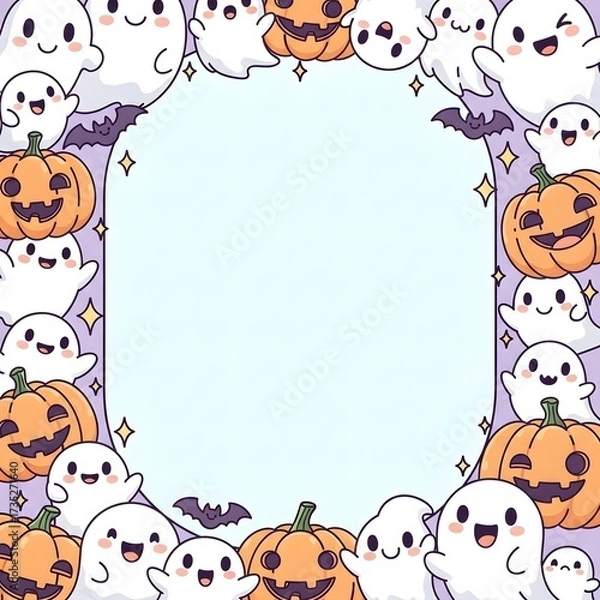 Fototapeta Playful cartoon ghosts and smiling jack o' lanterns create a festive Halloween border on a light blue background
