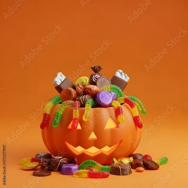 Fototapeta A jack o' lantern overflowing with assorted candies and gummy worms on an orange background