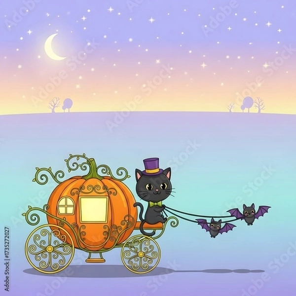 Fototapeta A black cat in a top hat drives a pumpkin carriage pulled by bats under a starry night sky