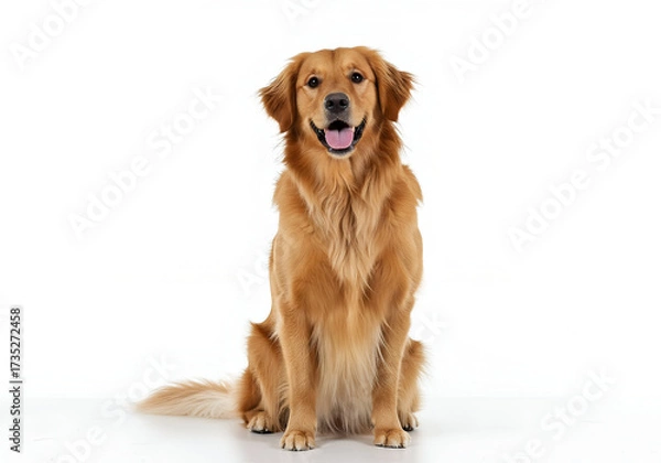 Fototapeta Charming Golden Retriever Smiling Brightly Against a Pure White Background, Capturing the Essence of Pet Happiness and Loyalty