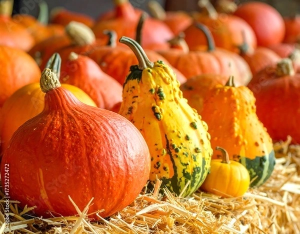 Obraz Autumn Pumpkins on Straw.