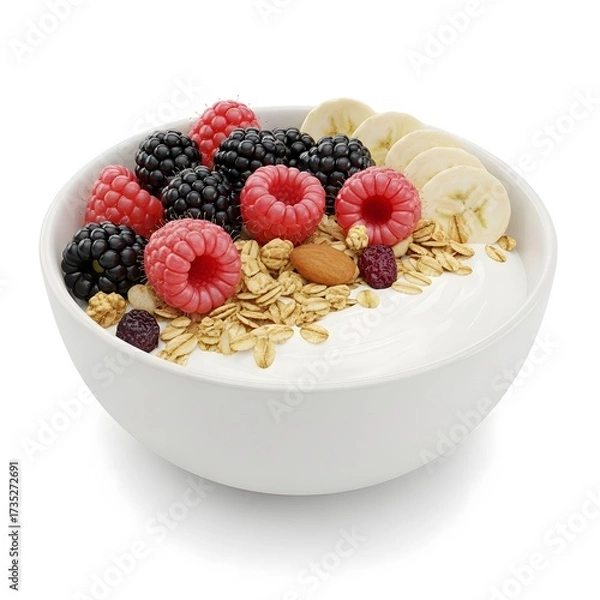 Fototapeta White bowl of yogurt topped with fresh raspberries blackberries banana slices granola almonds and dried berries