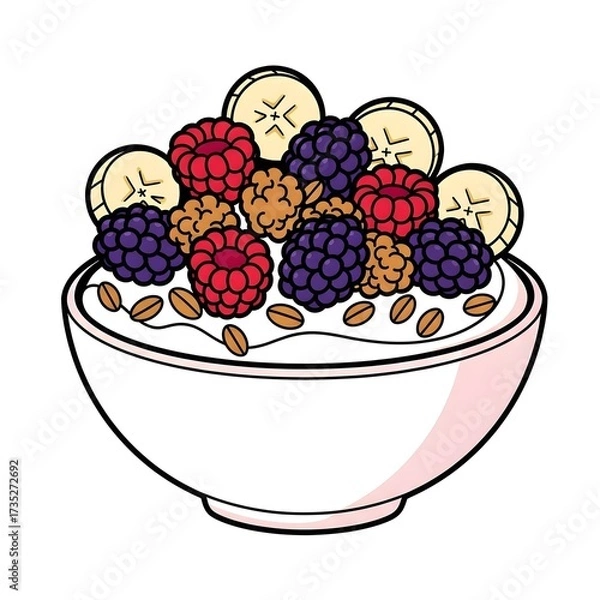 Fototapeta A white bowl overflowing with granola raspberries blackberries banana slices and oats