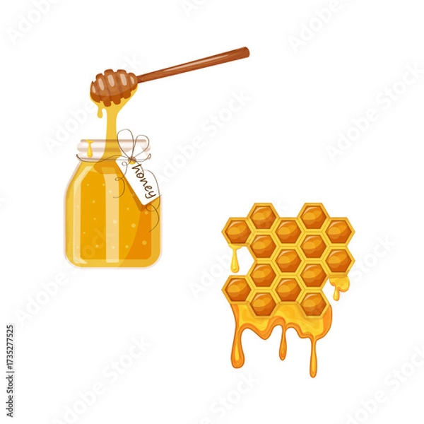 Fototapeta Hand drawn jar of honey and honeycomb with dripping honey drop and ladle spoon, cartoon illustration isolated on white background