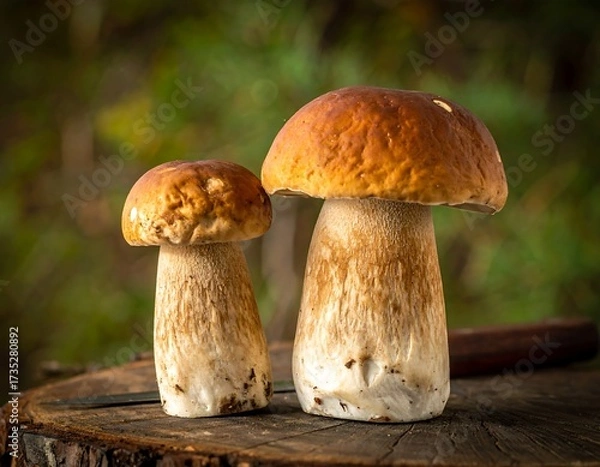 Obraz Two large mushrooms on a tree stump