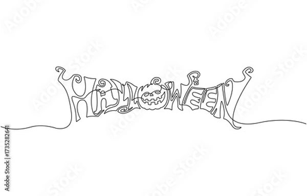 Fototapeta Halloween pumpkin one line drawing, single line vector illustration with text.