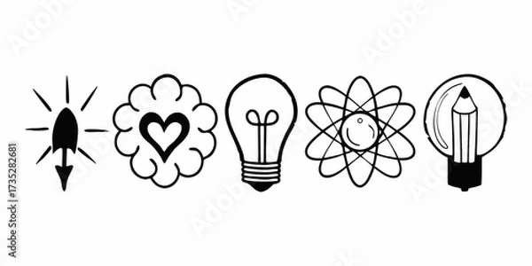 Fototapeta Illustration of five black and white icons including a lightbulb and a heart shaped cloud design