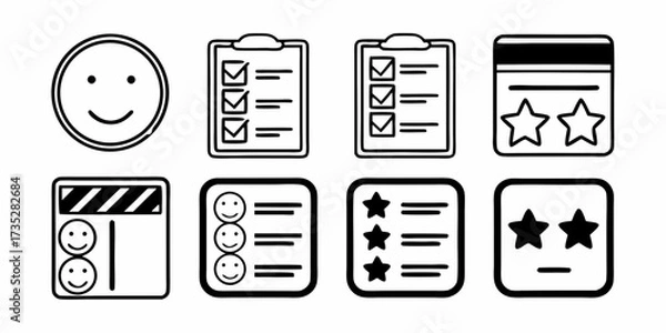 Fototapeta Illustration of feedback forms, checklist, happy faces, and rating stars in black and white outline