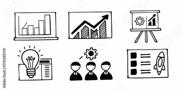 Fototapeta Hand drawn business icons showing growth, team work, ideas and project launch in black and white style