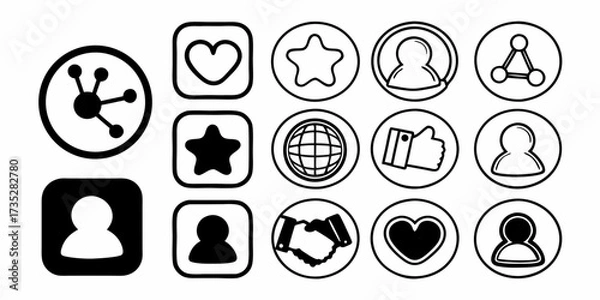 Fototapeta Collection of black and white social media icons including heart star globe handshake and person symbols design