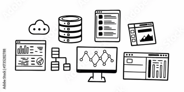 Fototapeta Illustration of cloud database monitor and web pages showing data analysis and information displayed