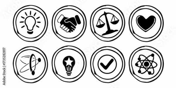 Fototapeta Collection of eight circular icons depicting various symbols in black and white drawing style art work