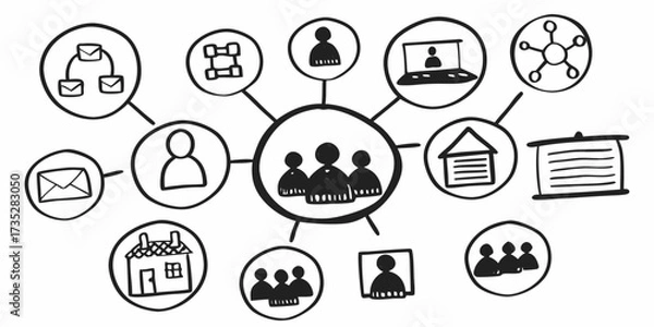 Fototapeta Illustration of a central group surrounded by icons representing various aspects and connections around it